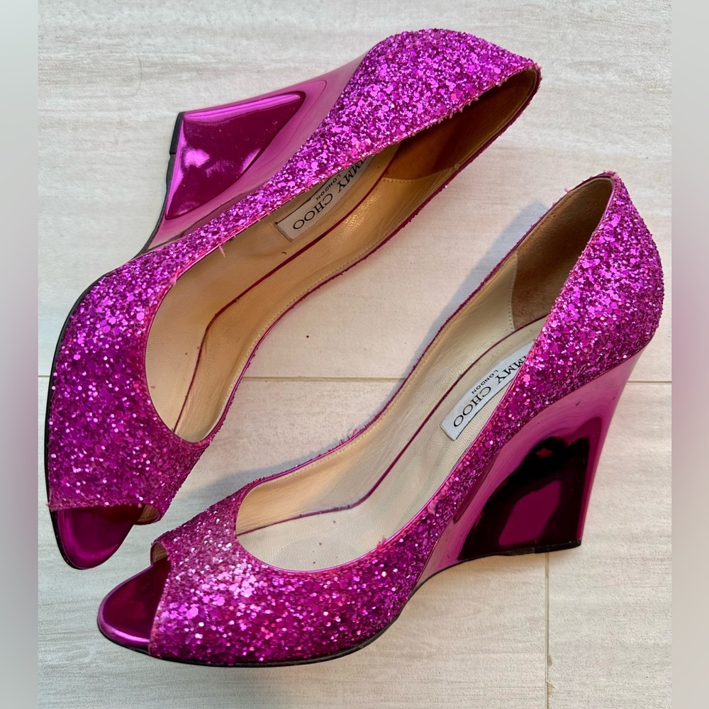Jimmy Choo Women's Barbie Pink Wedge Peep Toe Heels - Size 9.5